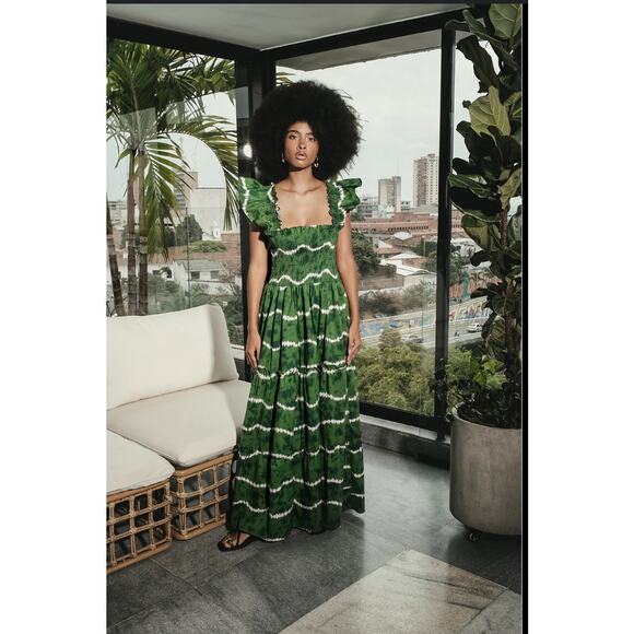 Lulo Project Sunset Print Smocked Stretch Cotton Maxi Dress M - Picture 2 of 8